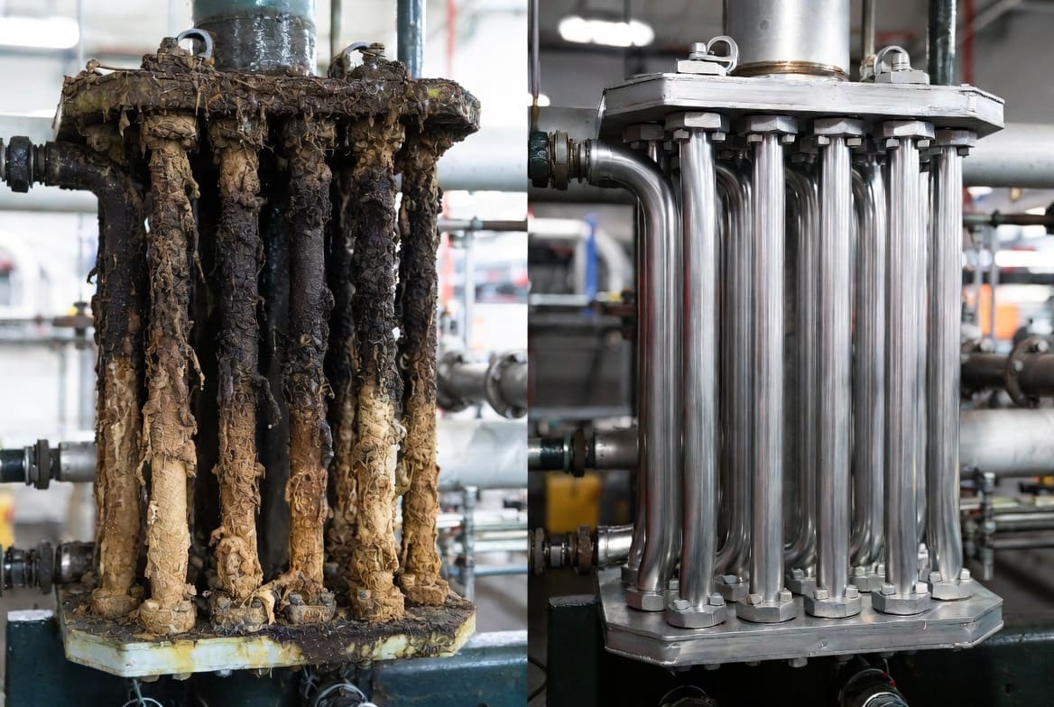 Before and after heat exchanger tube cleaning showing fouled dirty tubes versus clean tubes after professional cleaning