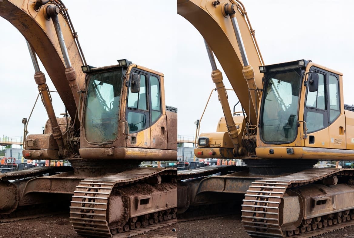 Before and after professional industrial cleaning of a mining excavator showing dirty versus clean equipment