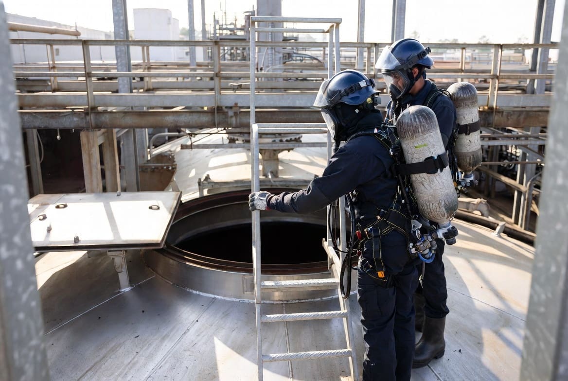 Confined space entry team in full breathing apparatus preparing to enter an industrial tank for cleaning