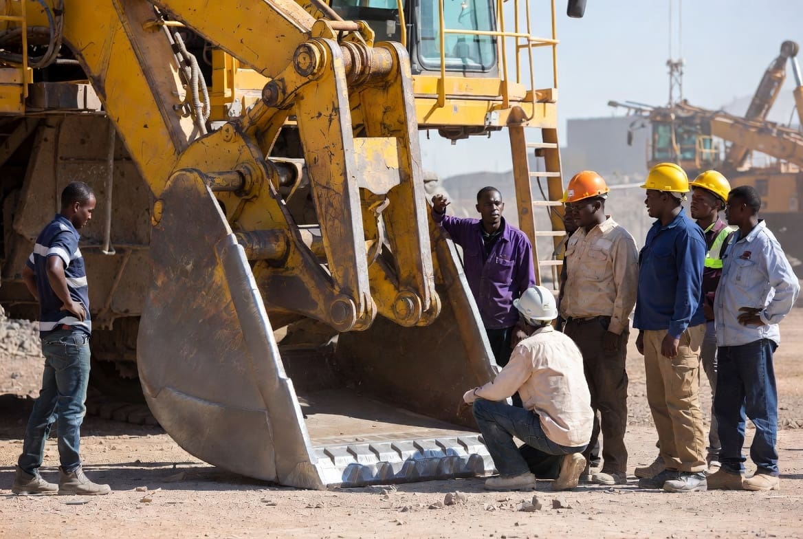 Mining maintenance team inspecting heavy equipment after professional industrial cleaning