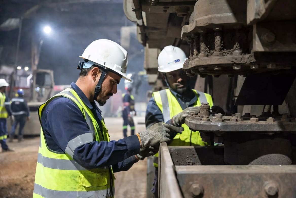Mining maintenance technicians inspecting heavy equipment after professional industrial cleaning