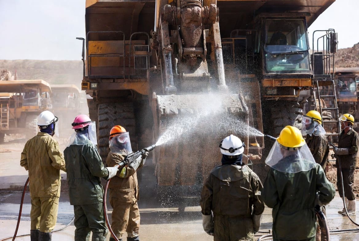 Industrial cleaning team using high pressure water jetting to clean heavy mining equipment in South Africa