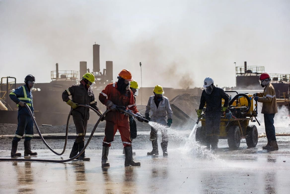 Industrial spill response team using vacuum and high pressure equipment to clean up a spill at a mining or petrochemical site in South Africa