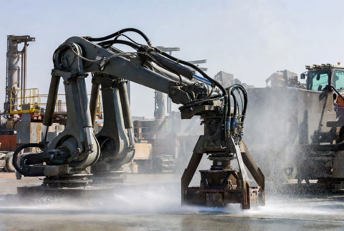 Robotic hydro demolition techniques removing concrete in industrial environment