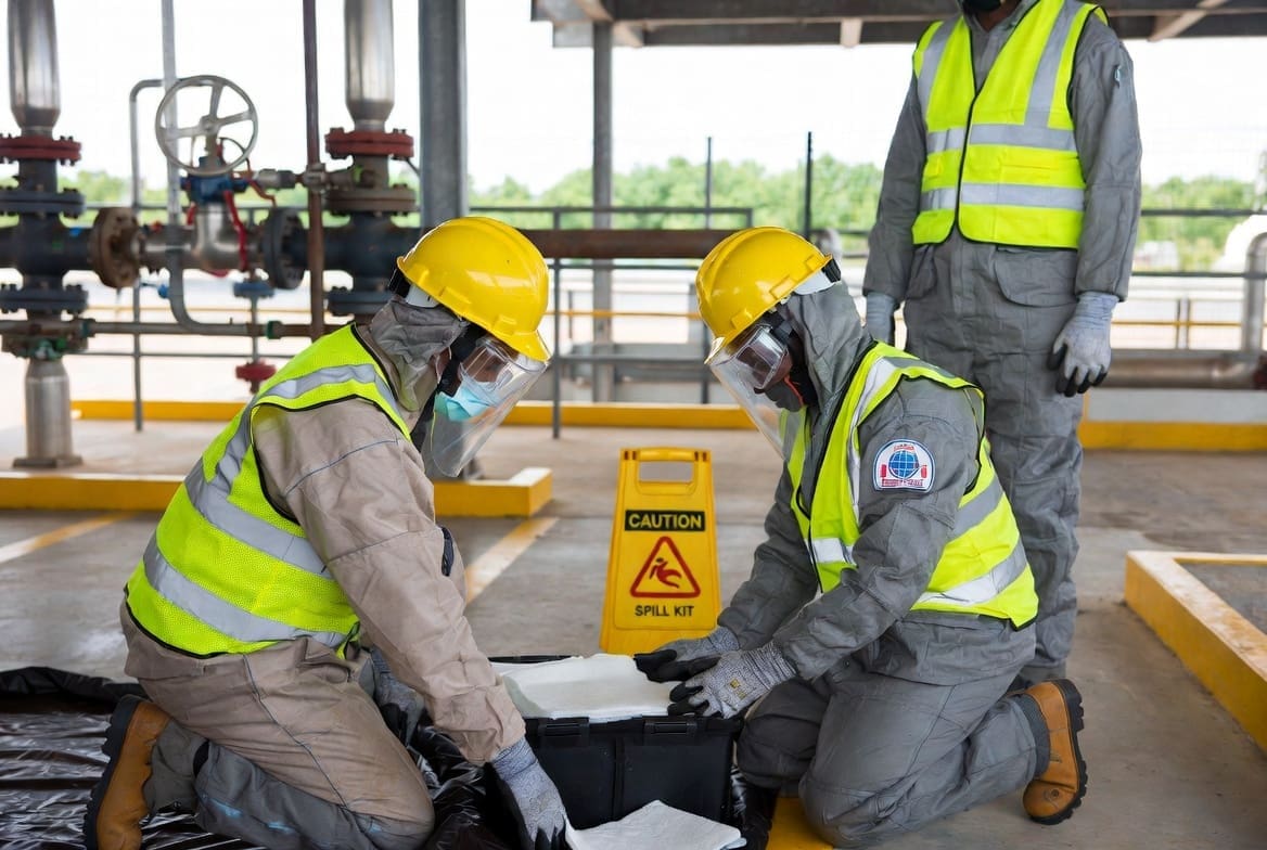 Spill response team setting up spill kits and drain protection during an industrial emergency response exercise in South Africa