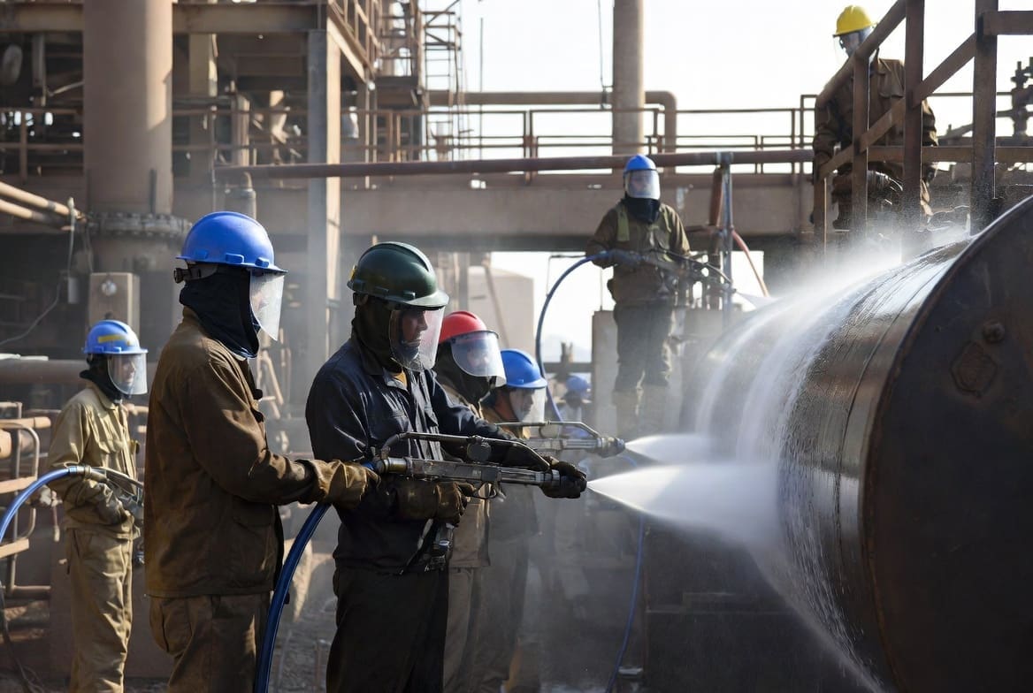 Industrial cleaning technicians performing high pressure cleaning on a heat exchanger at a mining or power plant in South Africa