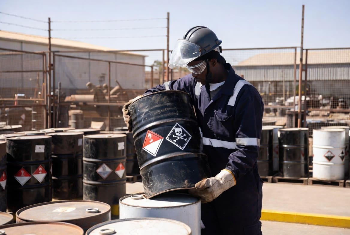 South African industrial worker in full PPE safely handling labelled hazardous waste drums at a plant