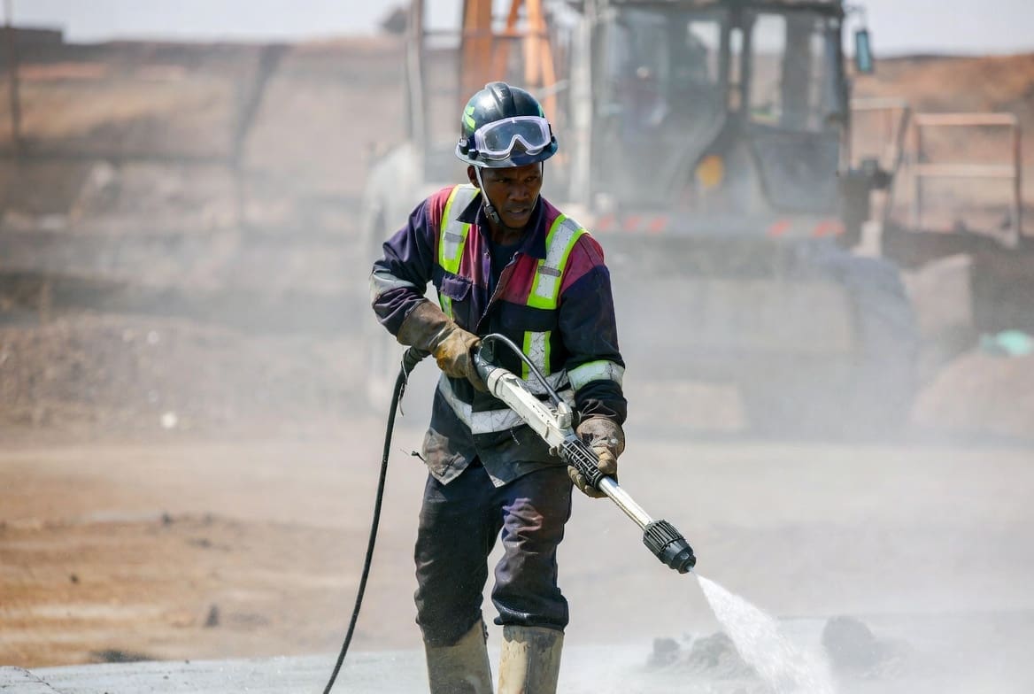 South African worker using high-pressure waterjet for industrial cutting and surface preparation