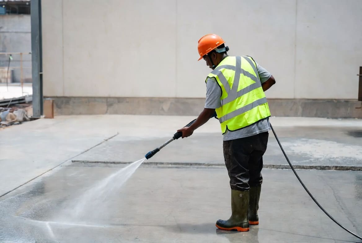 Industrial power washing of concrete floors at a South African industrial site by a single operator